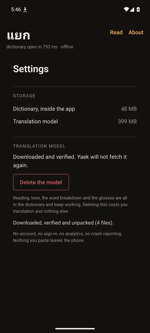 Settings showing storage used and a button to delete the translation model.